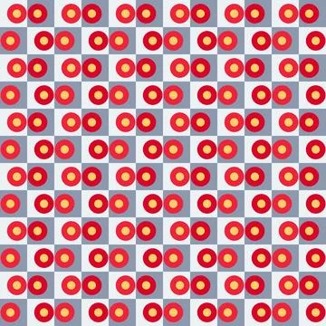 Geometric Polka Dot Pattern with Red Circles and Yellow Centers on a Checke.. Stock Illustration