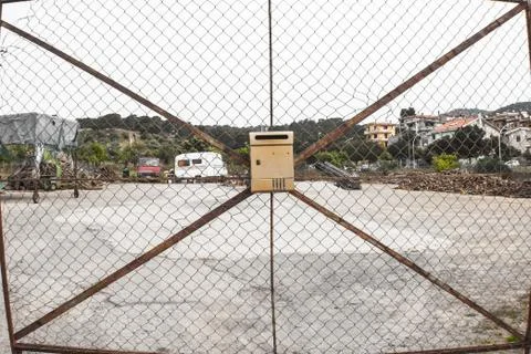 Geometric postbox fence Foto stock
