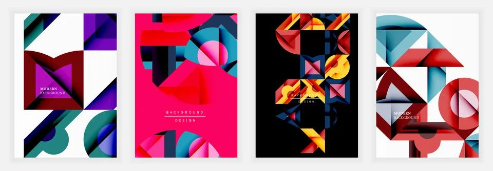 Geometric posters with layered abstract elements, sharp angular and circular Stock Illustration