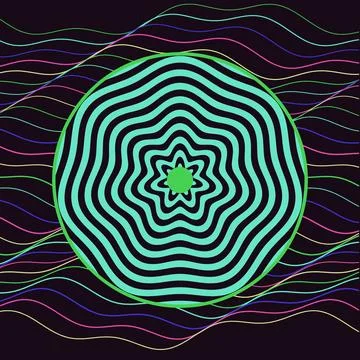 Geometric psychedelic mandala with concentric circles and vibrant waves on .. Stock Illustration