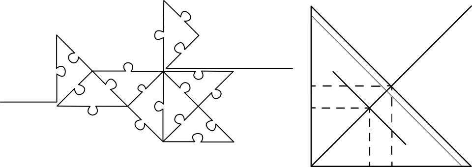 Geometric puzzle illustration showing triangular jigsaw pieces and a mathem.. Stock Illustration