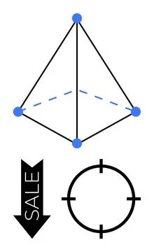 Geometric pyramid with blue dots and dotted line, downward black arrow labele Stock Illustration