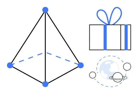 Geometric pyramid with connecting dots, gift box with bow, and planetary icon Stock Illustration