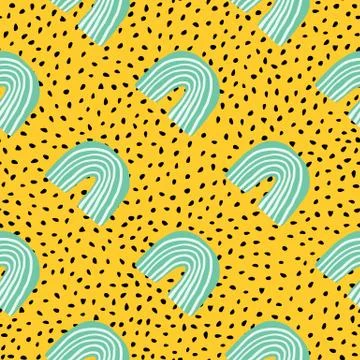 Geometric rainbow shapes seamless pattern on dots background. Doodle elements Ilustración de archivo