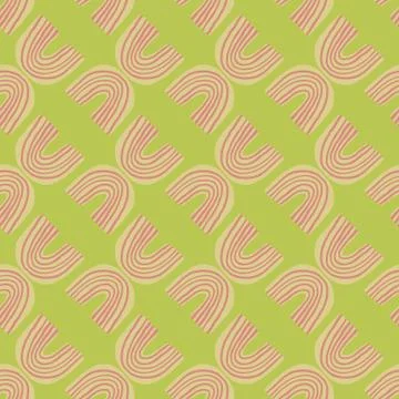Geometric rainbow shapes seamless pattern on green background. Abstract eleme Stock Illustration