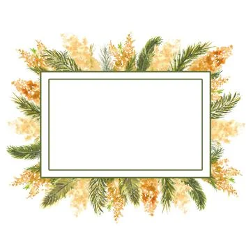 Geometric rectangular frame with Mimosa branches on the outer edge on a white Stock Illustration