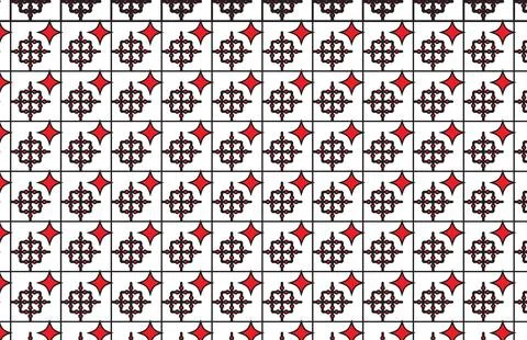 Geometric Red and Black Seamless Tile Pattern With Decorative Floral Motifs.. Stock Illustration