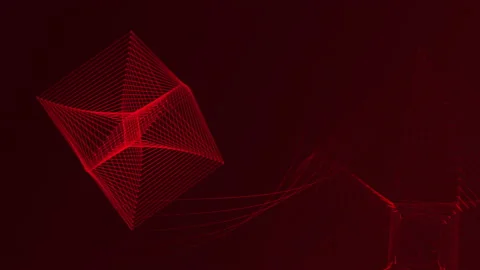 Geometric red background, wireframe rotating cube on a seamless loop, futuristic Stock Footage 157538456