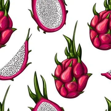 Geometric red dragon fruit seamless pattern on white background. Whole, half  Stock Illustration
