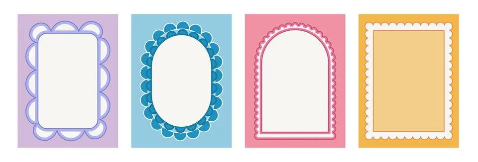 Geometric retro scallop frames set. Wavy groovy arch, rectangle and oval borders Illustrazione stock