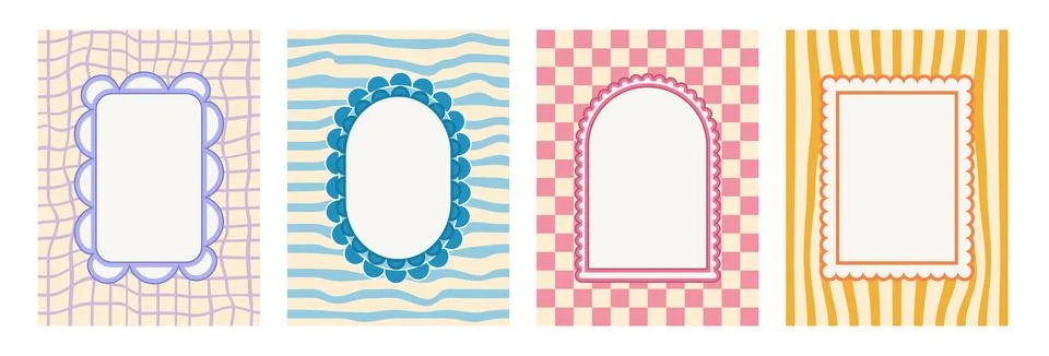 Geometric retro scallop frames set. Wavy groovy arch, rectangle and oval borders Illustrazione stock