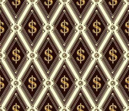 Geometric rhombus pattern with gold dollar sign, chains, beads Stock Illustration