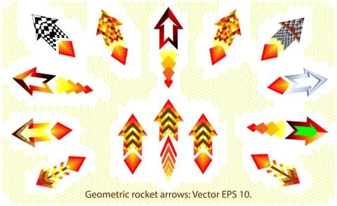 Geometric rockets, fire arrows set. Kit fire arrow direction symbol. Illustrazione stock