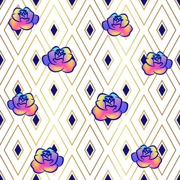 Geometric Rose Flower Seamless Pattern in Rainbow or Multi Color Stockillustratie