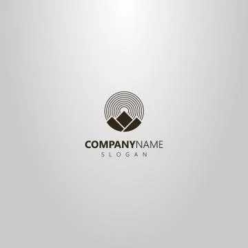 Geometric round logo of of three mountains and round rays of the sun Stock Illustration
