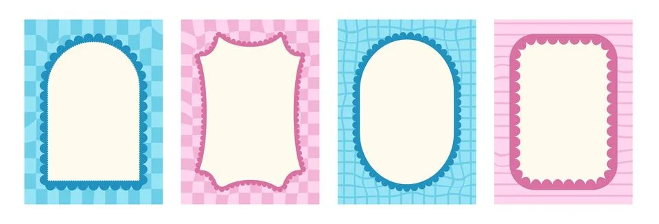 Geometric scallop frames invitation templates set. Wavy edges rectangles, ovals Stock Illustration