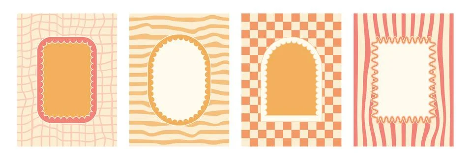 Geometric scallop funky frames set. Wavy groovy arch, rectangle and oval borders Illustrazione stock