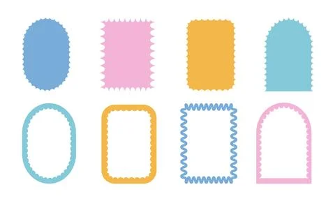 Geometric scallop text boxes frames set. Wavy groovy arch, rectangle and oval Stock Illustration