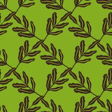 Geometric seamless doodle pattern with brown foliage leaves ornament. Green b Illustrazione stock
