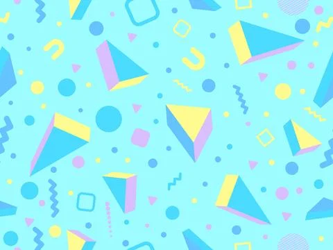 Geometric seamless pattern with 3d figures in 80s - 90s memphis style. Colo.. 스톡 일러스트