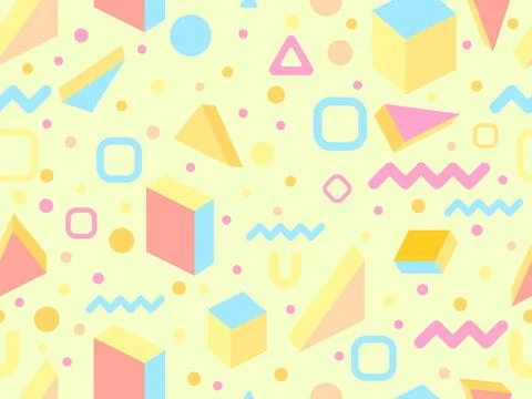Geometric seamless pattern with 3d figures in 80s - 90s memphis style. Colo.. Stock Illustration