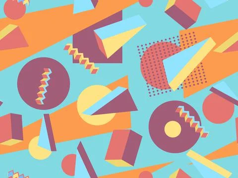Geometric seamless pattern with 3d shapes in 80s memphis style. Multicolored  Stock Illustration