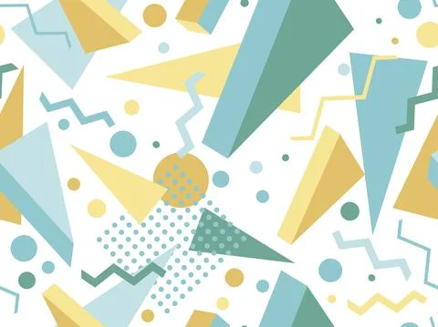 Geometric seamless pattern with 3d shapes in 80s memphis style. Multicolored  Illustrazione stock