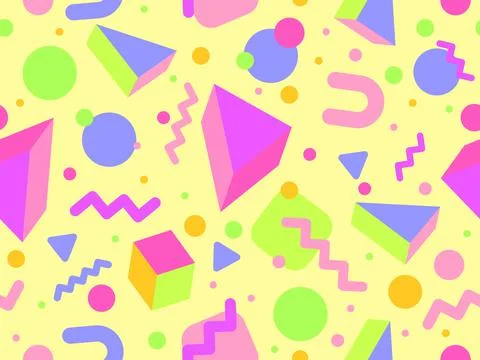 Geometric seamless pattern with 3d shapes in 80s memphis style. Isometric geo Stock Illustration