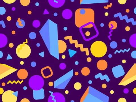 Geometric seamless pattern with 3d shapes in 80s memphis style. Isometric geo Stock Illustration
