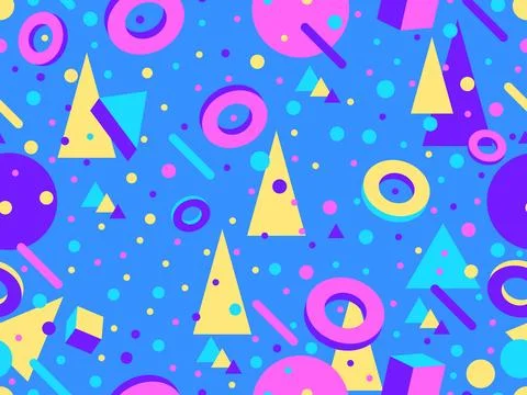 Geometric seamless pattern with 3d shapes in 80s memphis style. Isometric 3.. Stock Illustration