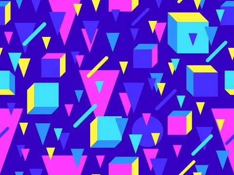 Geometric seamless pattern with 3d shapes in 80s memphis style. Isometric 3.. Stock Illustration