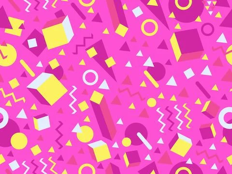Geometric seamless pattern with 3d shapes in 80s memphis style. Isometric 3.. Stock Illustration