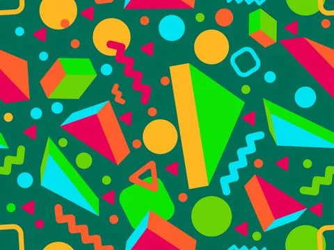 Geometric seamless pattern with 3d shapes in 80s memphis style. Isometric 3.. Stock Illustration