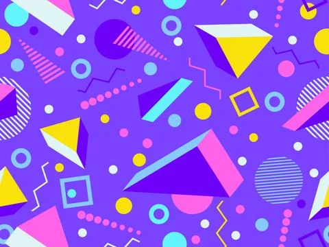 Geometric seamless pattern with 3d shapes in 80s memphis style. Isometric 3.. Stock Illustration