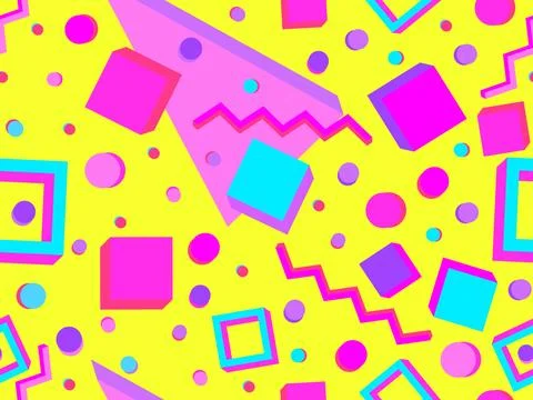 Geometric seamless pattern with 3d shapes in 80s memphis style. Isometric 3.. Stock Illustration