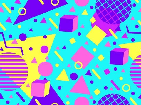 Geometric seamless pattern with 3d shapes in 80s memphis style. Isometric 3.. Illustrazione stock
