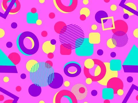 Geometric seamless pattern with 3D shapes in the style of the 80s and 90s. .. Stock Illustration