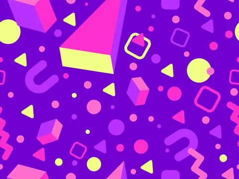 Geometric seamless pattern with 3D shapes in the style of the 80s and 90s. .. Stock Illustration