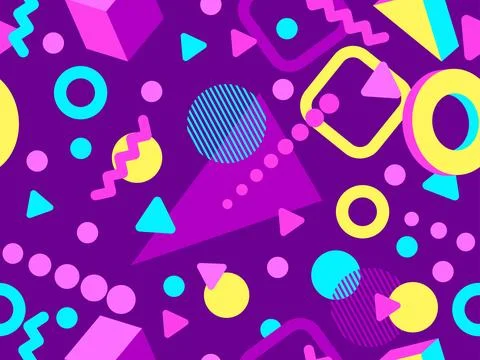 Geometric seamless pattern with 3D shapes in the style of the 80s and 90s. .. Stock Illustration