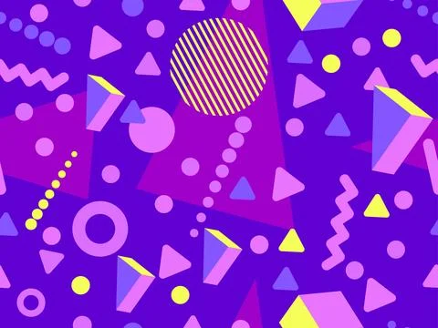 Geometric seamless pattern with 3D shapes in the style of the 80s and 90s. .. Stock Illustration