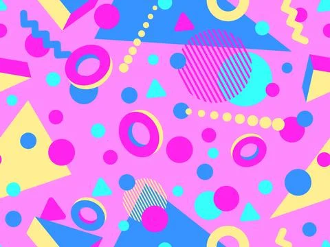 Geometric seamless pattern with 3D shapes in the style of the 80s and 90s. .. Illustrazione stock