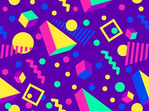 Geometric seamless pattern with 3D shapes in the style of the 80s and 90s. .. Illustrazione stock