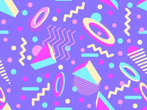 Geometric seamless pattern with 3D shapes in the style of the 80s and 90s. .. Illustrazione stock
