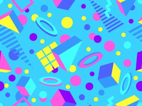 Geometric seamless pattern with 3D shapes in the style of the 80s and 90s. .. Stock Illustration