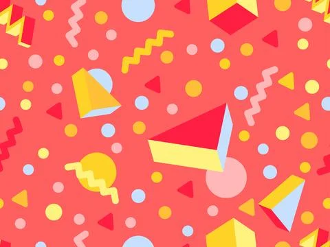 Geometric seamless pattern with 3D shapes in the style of the 80s and 90s. .. Stock Illustration