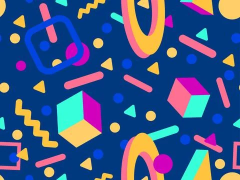 Geometric seamless pattern with 3D shapes in the style of the 80s and 90s. .. Stock Illustration