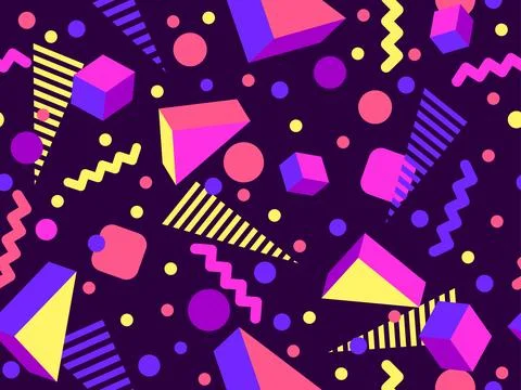 Geometric seamless pattern with 3D shapes in the style of the 80s and 90s. .. Stock-Illustration