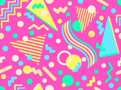 Geometric seamless pattern with 3D shapes in the style of the 80s and 90s. .. Illustrazione stock