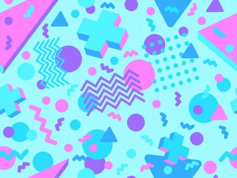 Geometric seamless pattern with 3D shapes in the style of the 80s and 90s. .. Stock Illustration