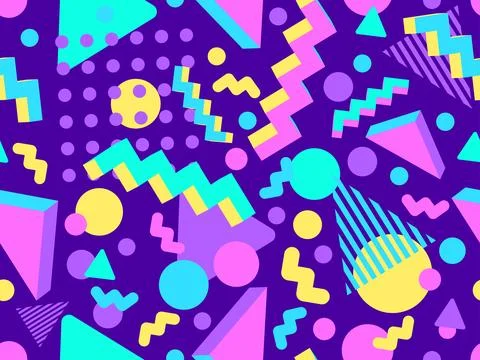 Geometric seamless pattern with 3D shapes in the style of the 80s and 90s. .. Stock Illustration